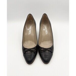 Chanel Black Perforated Leather Heels w/ CC Cap Toe & Bow Accent Size EU 36.5